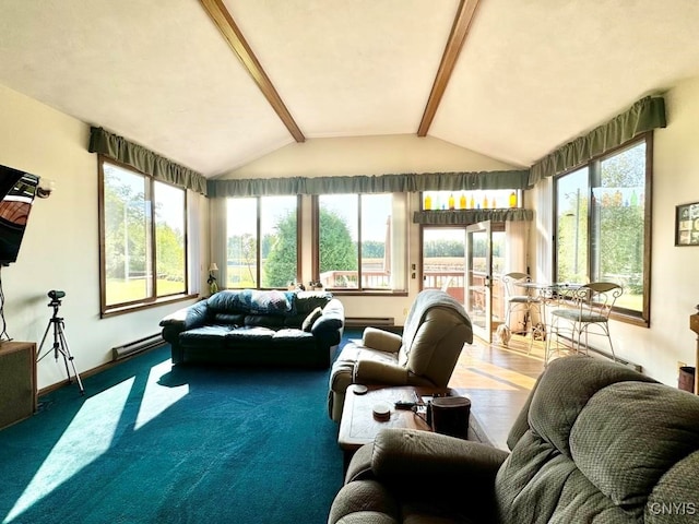 living room with baseboard heating and vaulted ceiling with beams