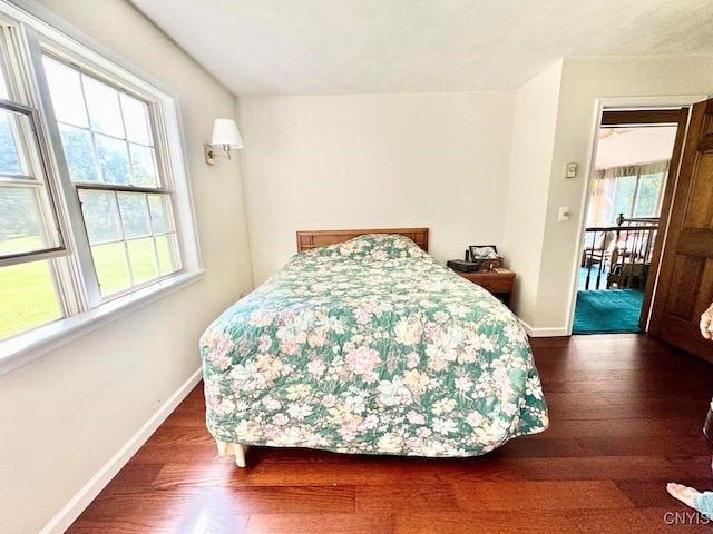 bedroom featuring multiple windows and dark wood-type flooring