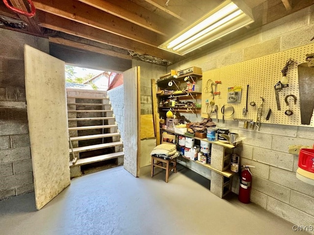 basement with a workshop area