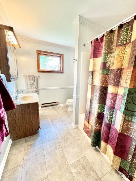 full bathroom featuring ornamental molding, vanity, toilet, and a baseboard heating unit