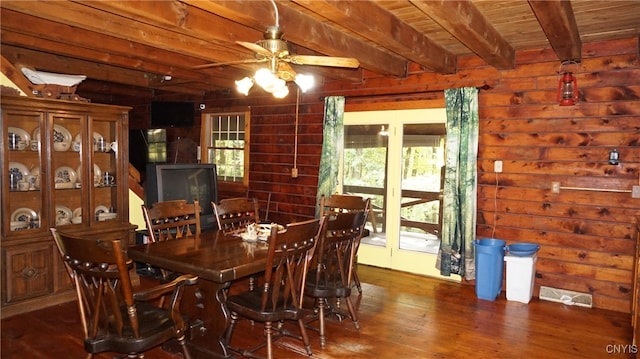 dining room with dark hardwood / wood-style flooring, ceiling fan, wooden ceiling, french doors, and beam ceiling