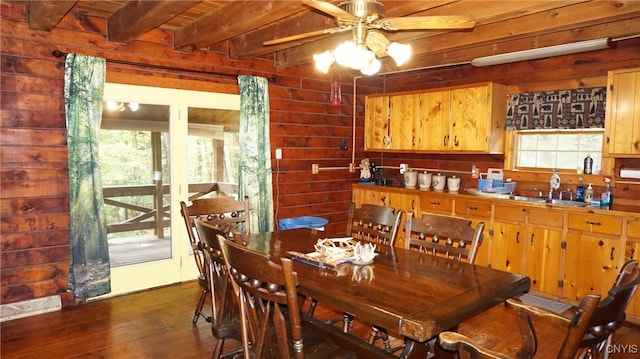 dining area with sink, dark hardwood / wood-style floors, wood walls, ceiling fan, and beam ceiling