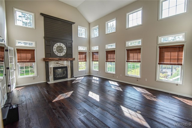 unfurnished living room featuring dark wood-type flooring and a healthy amount of sunlight