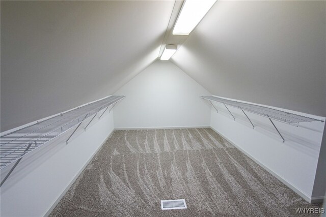 spacious closet with lofted ceiling and carpet flooring