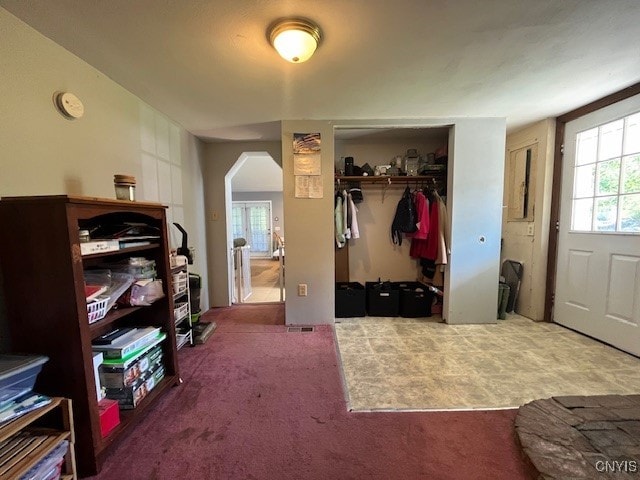 mudroom featuring carpet flooring