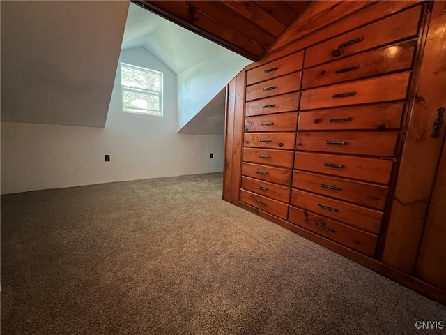 bonus room featuring carpet, wood ceiling, and lofted ceiling