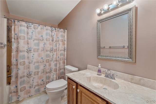 full bathroom with vanity, toilet, and shower / tub combo with curtain