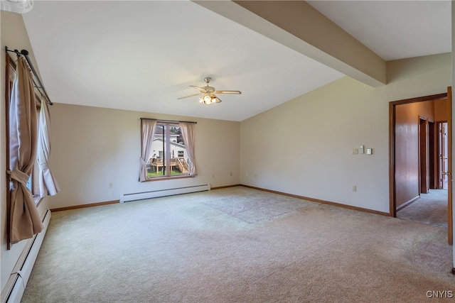 spare room featuring light carpet, beamed ceiling, baseboard heating, and ceiling fan