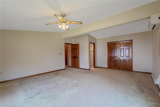 interior space featuring light colored carpet, a wall unit AC, a baseboard radiator, and ceiling fan