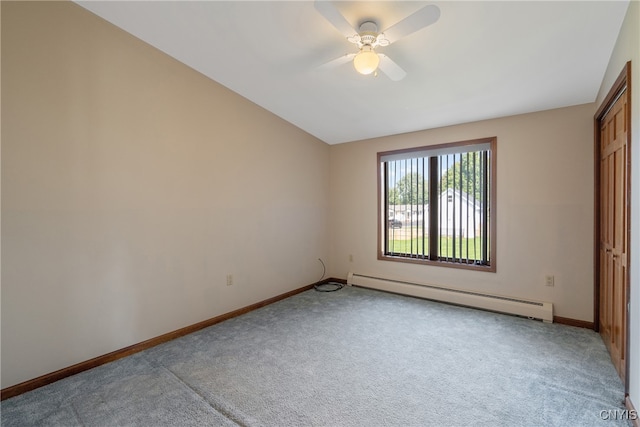 unfurnished room with light carpet, lofted ceiling, baseboard heating, and ceiling fan