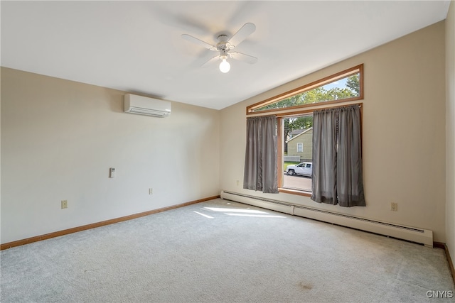 carpeted empty room featuring a baseboard heating unit, ceiling fan, a wall mounted AC, and vaulted ceiling