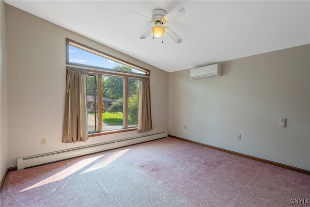 carpeted empty room featuring lofted ceiling, ceiling fan, a wall unit AC, and baseboard heating