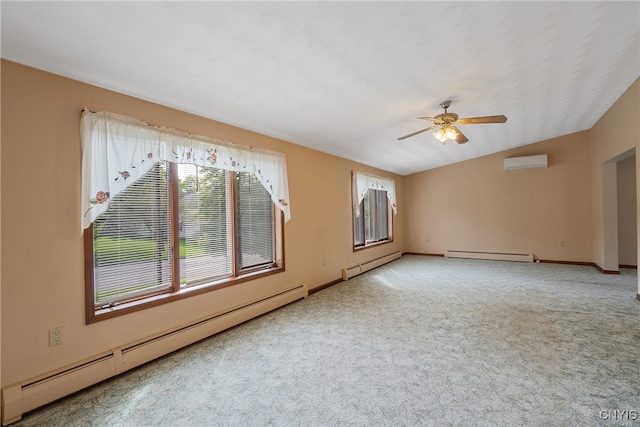 unfurnished room featuring baseboard heating, ceiling fan, lofted ceiling, and a wall mounted air conditioner