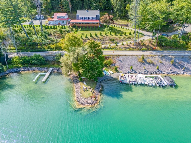 drone / aerial view featuring a water view