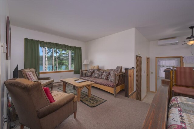 living room featuring a water view, ceiling fan, a wall mounted air conditioner, a baseboard heating unit, and light colored carpet