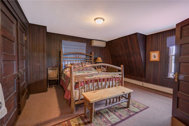 carpeted bedroom featuring a wall mounted AC, baseboard heating, and wooden walls