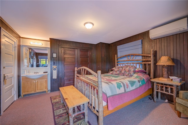 bedroom featuring wooden walls, carpet flooring, and a wall unit AC