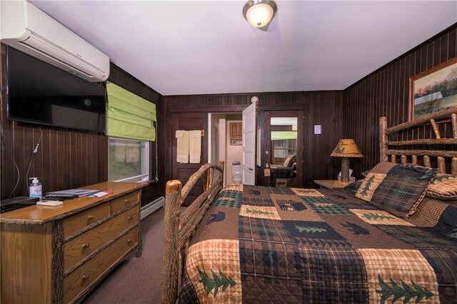 carpeted bedroom with wood walls, a wall mounted AC, and baseboard heating