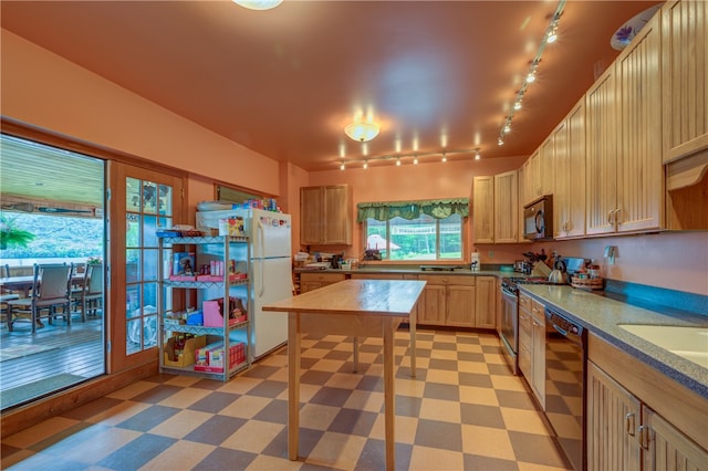 kitchen with stainless steel appliances, rail lighting, and light brown cabinetry