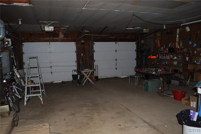 garage with a workshop area