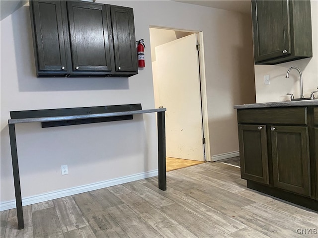 kitchen with sink, dark brown cabinets, and light hardwood / wood-style floors