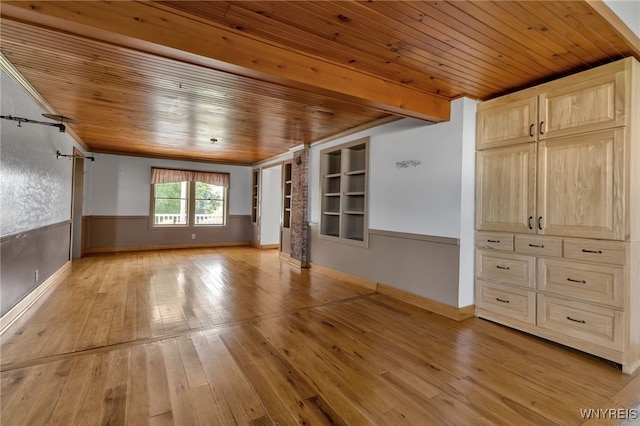 interior space with light hardwood / wood-style floors, wooden ceiling, and built in shelves