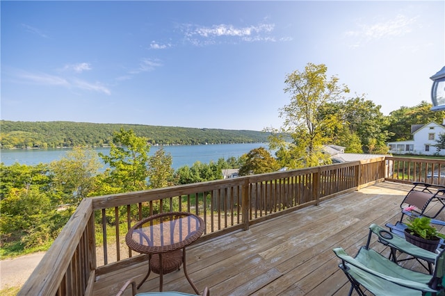 wooden terrace with a water view