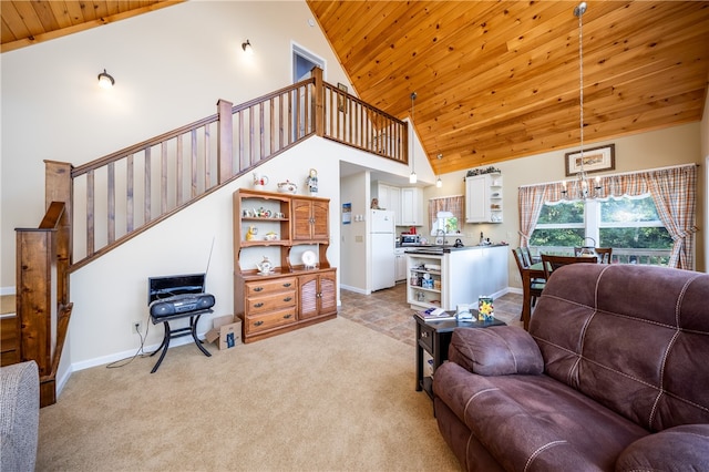 living room with high vaulted ceiling, wooden ceiling, and light colored carpet