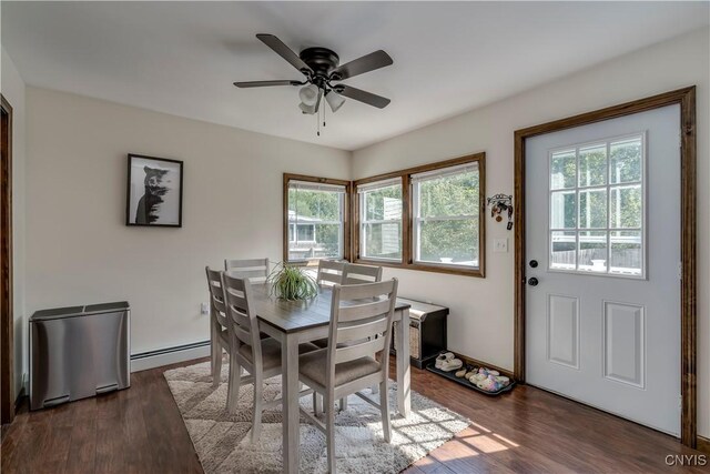 dining room featuring ceiling fan, baseboard heating, and dark hardwood / wood-style flooring