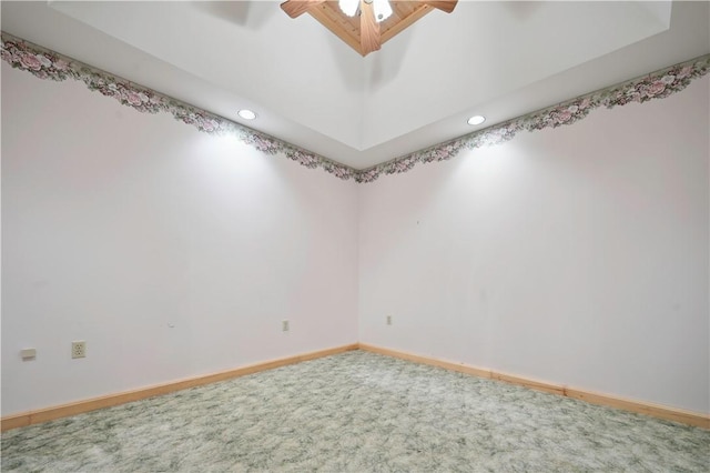 carpeted empty room with recessed lighting, baseboards, and ceiling fan