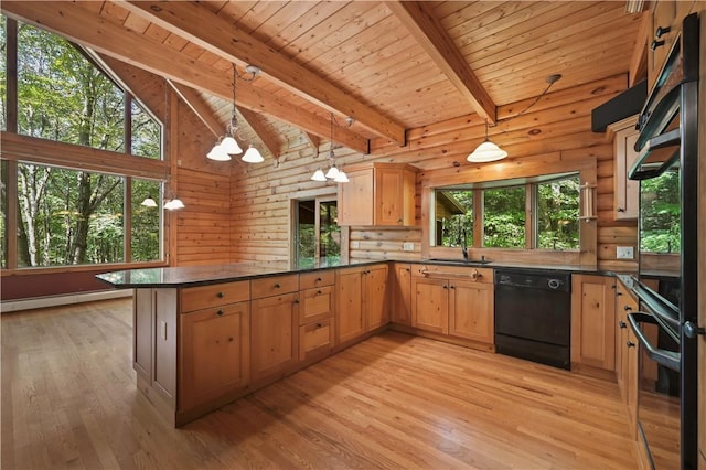 kitchen featuring baseboard heating, dark countertops, dishwasher, wood ceiling, and a peninsula