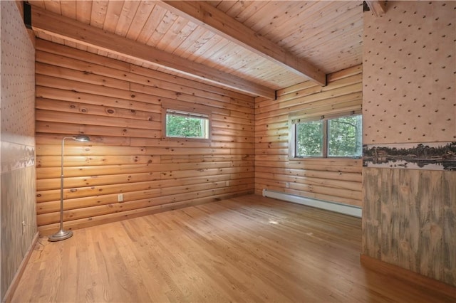 spare room with wood finished floors, beam ceiling, a wealth of natural light, wood ceiling, and log walls