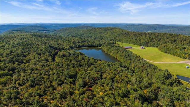 aerial view with a forest view and a water and mountain view