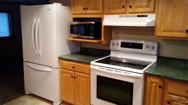 kitchen featuring ventilation hood and white appliances