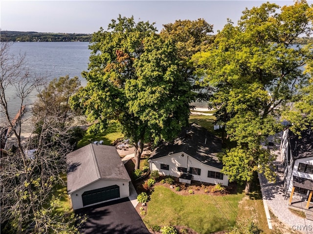 drone / aerial view with a water view