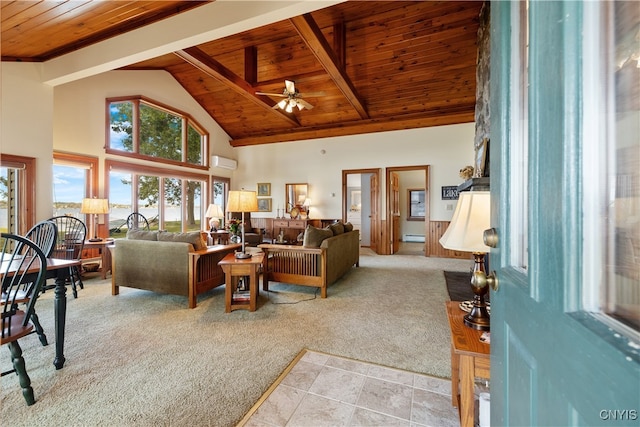 carpeted living room with a wall mounted AC, ceiling fan, wood ceiling, and baseboard heating