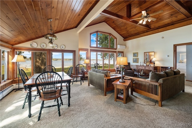 living room featuring light colored carpet, a healthy amount of sunlight, and ceiling fan