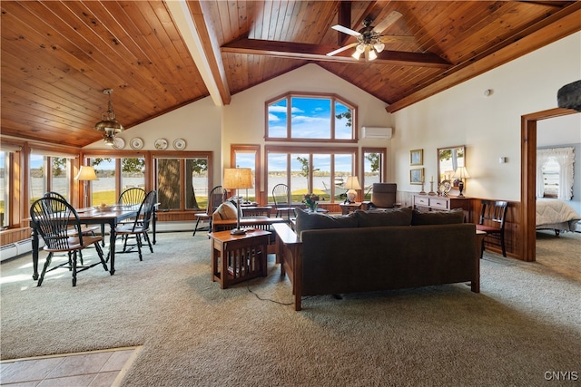 living room with high vaulted ceiling, ceiling fan, wood ceiling, beam ceiling, and light colored carpet