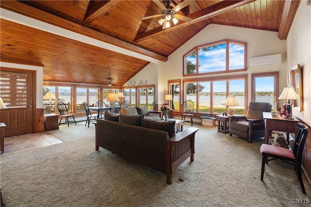 carpeted living room featuring beam ceiling, wood ceiling, high vaulted ceiling, ceiling fan, and a water view