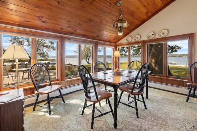 sunroom / solarium with vaulted ceiling, a water view, a baseboard radiator, and wood ceiling