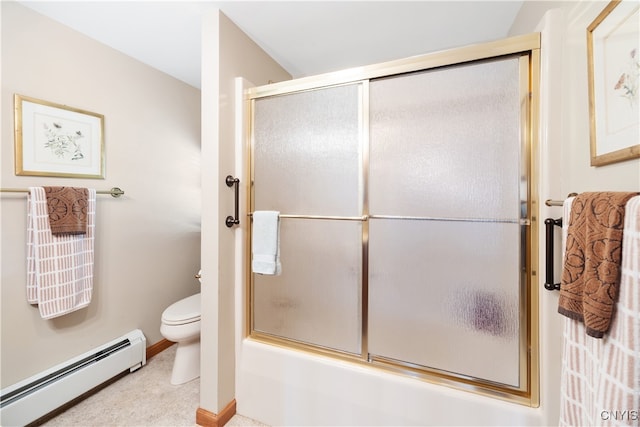 bathroom featuring a baseboard heating unit, toilet, and bath / shower combo with glass door