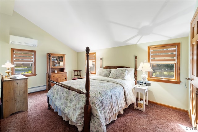 carpeted bedroom with a baseboard radiator, ceiling fan, an AC wall unit, and vaulted ceiling