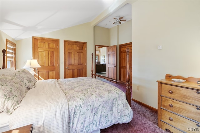 carpeted bedroom featuring lofted ceiling and ceiling fan