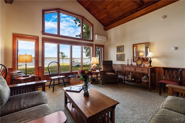 living room with a wealth of natural light, a wall mounted AC, carpet, and wood ceiling