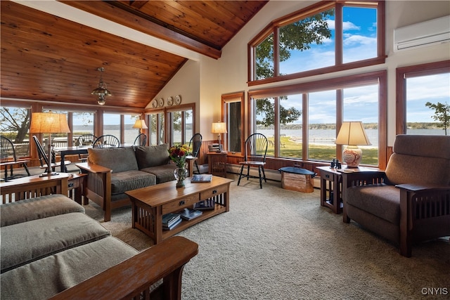 carpeted living room with beamed ceiling, wooden ceiling, high vaulted ceiling, a wall unit AC, and a water view