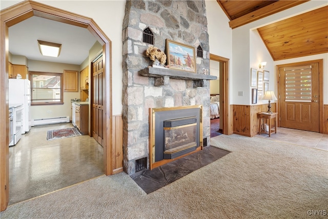 living room with a fireplace, beamed ceiling, high vaulted ceiling, a baseboard radiator, and wood ceiling