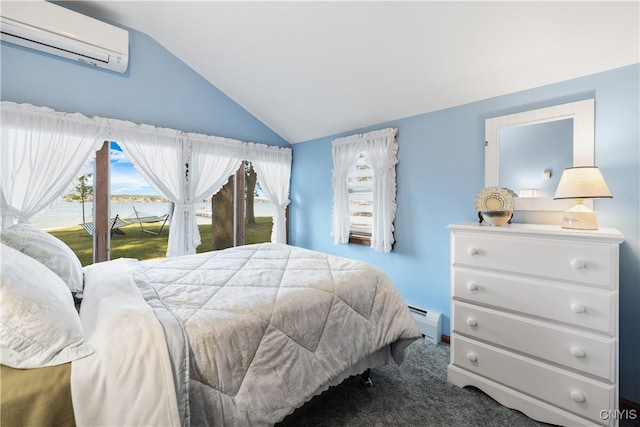 bedroom featuring a wall mounted AC, lofted ceiling, a baseboard radiator, access to outside, and dark carpet