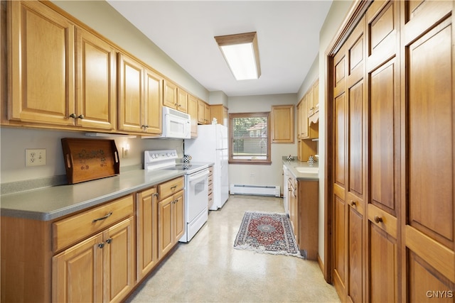 kitchen featuring a baseboard heating unit, white appliances, and sink