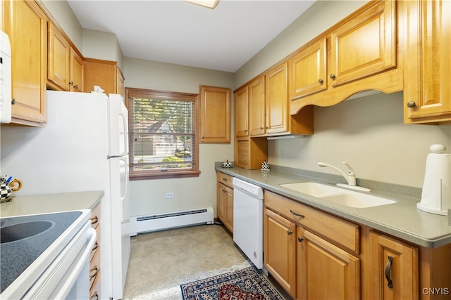 kitchen with a baseboard heating unit, white appliances, and sink