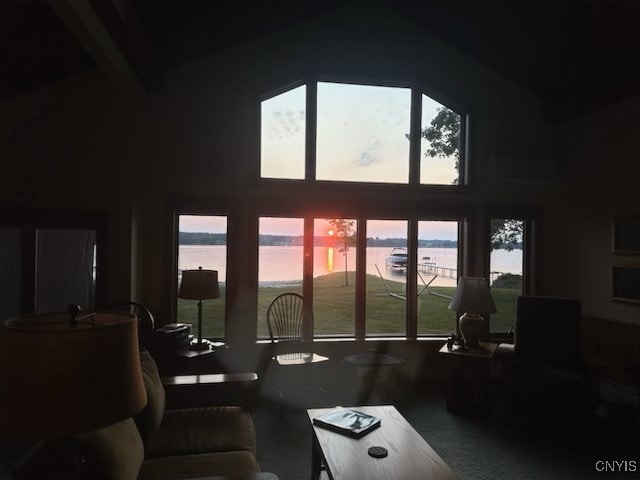 living room with a healthy amount of sunlight, high vaulted ceiling, and a water view